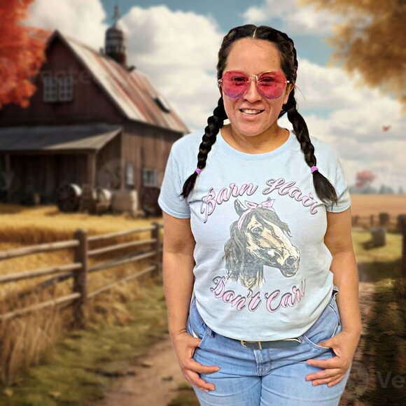 Farm Fed Clothing Barn Hair Don't Care Graphic Shirt Horse Pullover Country Tee - Picture 2 of 11
